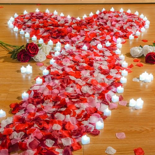 Image of Coume 6000 Pieces Artificial Rose Petal 72 Pieces LED Tealights Candle, Romantic Decorations Special Night Rose Petal Heart Candle for Valentines Wedding Anniversary Proposal Decor(White Light)