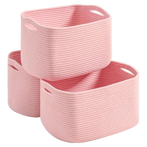 Dcerzxzci Pink Storage Baskets for Organizing Shelves, Woven Cotton Rope Baskets for Storage, Toy Basket for Kids, Cute Basket for Shelves Closet, 14.8"×11"×9.5", Pack of 3, Light Pink