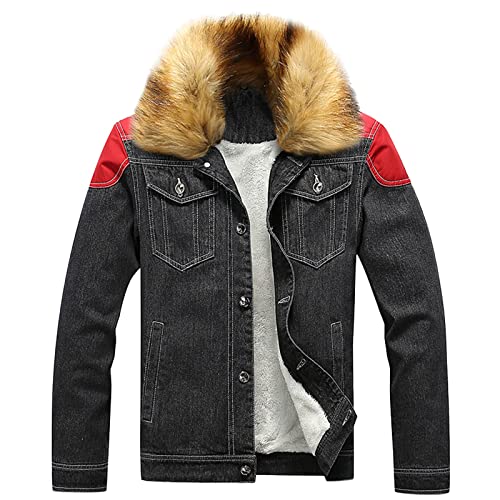 Mens Jacket Fall Winter Color Block Fur Lapel Fleece Warm Denim Jackets - image 1