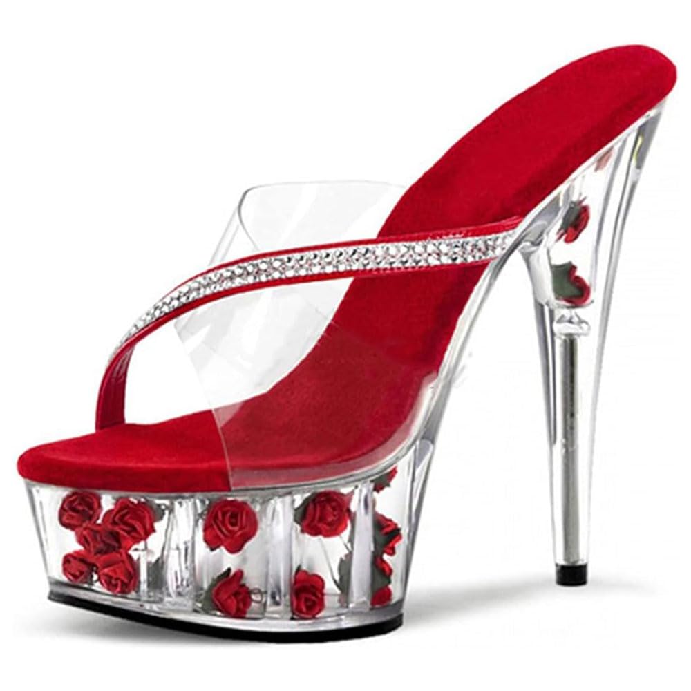 Hyfzxwx Women's G Pink Rhinestone High Heels Clear Platform Mules Sandals Sexy Stripper Club Pole Dance Weddin Dress Party Shoes Large Size /G/37Eu