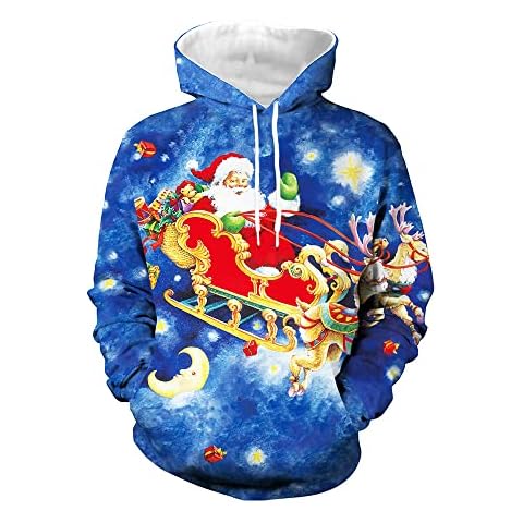 Eciodci Christmas Pullover Hoodie Fun Santa 3D Pattern Printed Christmas Party Sweatshirt Long Sleeves Fashion Hoodies with Pocket Cover