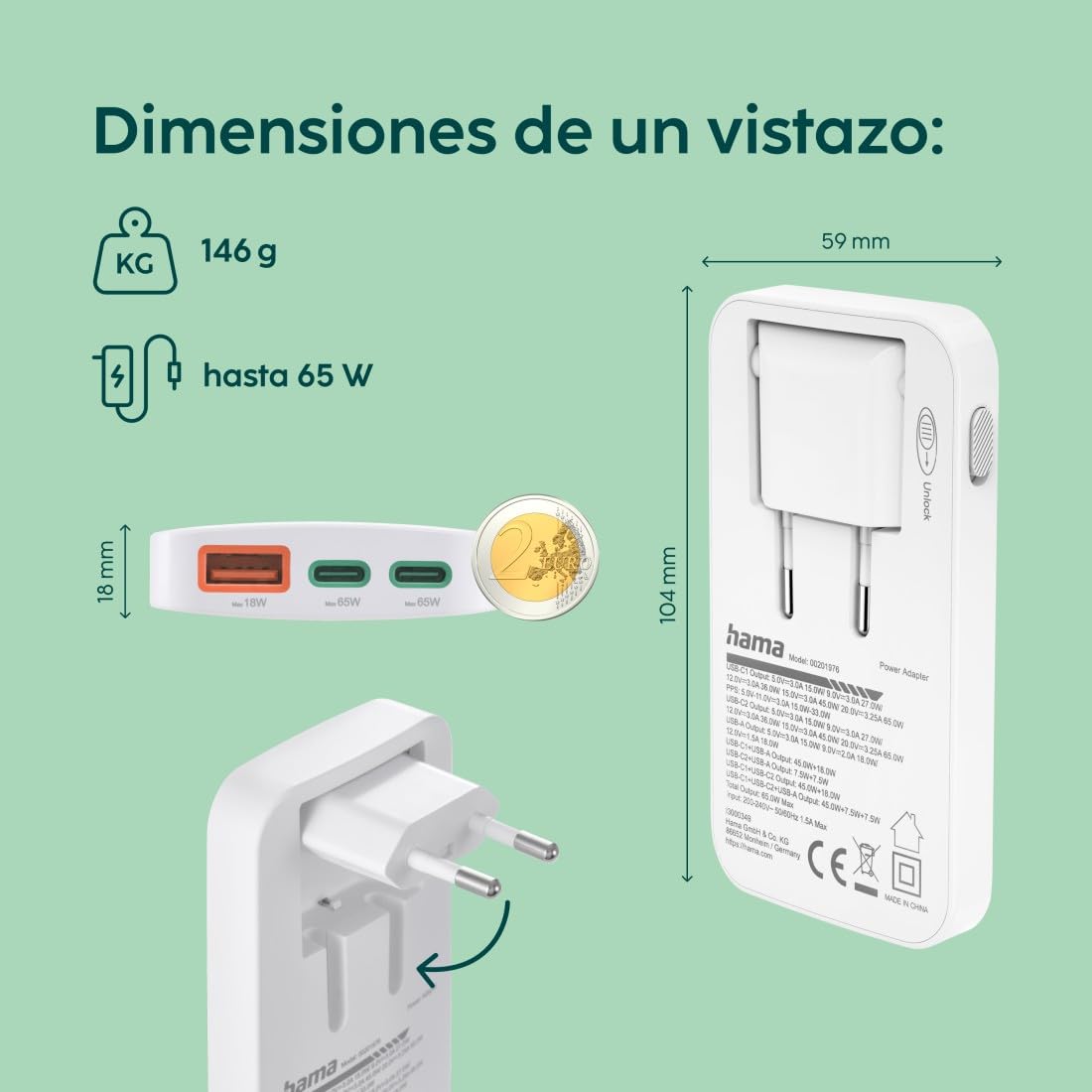 Hama | Cargador GAN 65W extraplano con 2 USB-C y USB-A PD QC | Formato extraplano con tecnología GaN, carga rápida Power Delivery y Quick Charge para varios dispositivos, Blanco