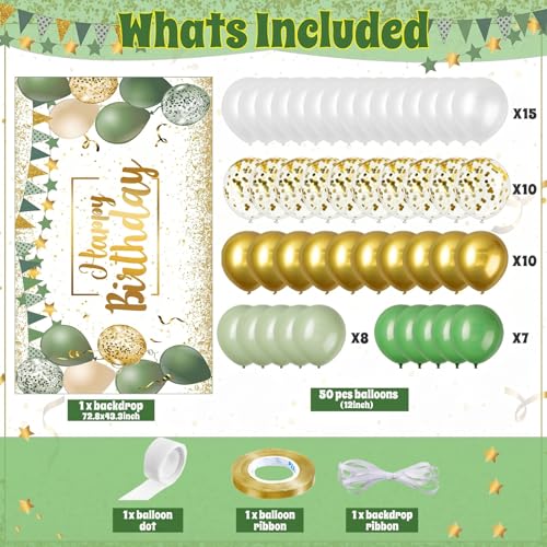 Image of Tatuo Sage Green Birthday Confetti Balloons Kit Set Photography Backdrop Banner Package for Boys Girls Men Women Birthday Party Decorations Supplies Rustic Boho Favors (Green and Gold)