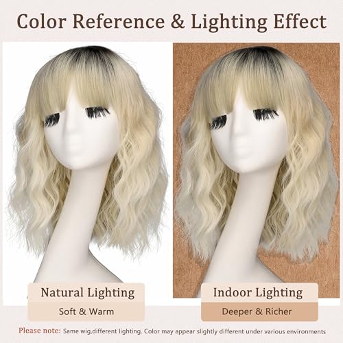 Image of Nnzes Short Wavy Bob Wig with Bangs for Women Shoulder Length Curly Ombre Blonde Synthetic Heat-Resistant Fiber Hair for Daily & Party Use
