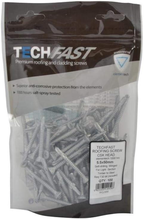 TechFast Light Duty Timber to Steel Roofing Screws | 5.5 x 85mm | Elementech | Bag 50