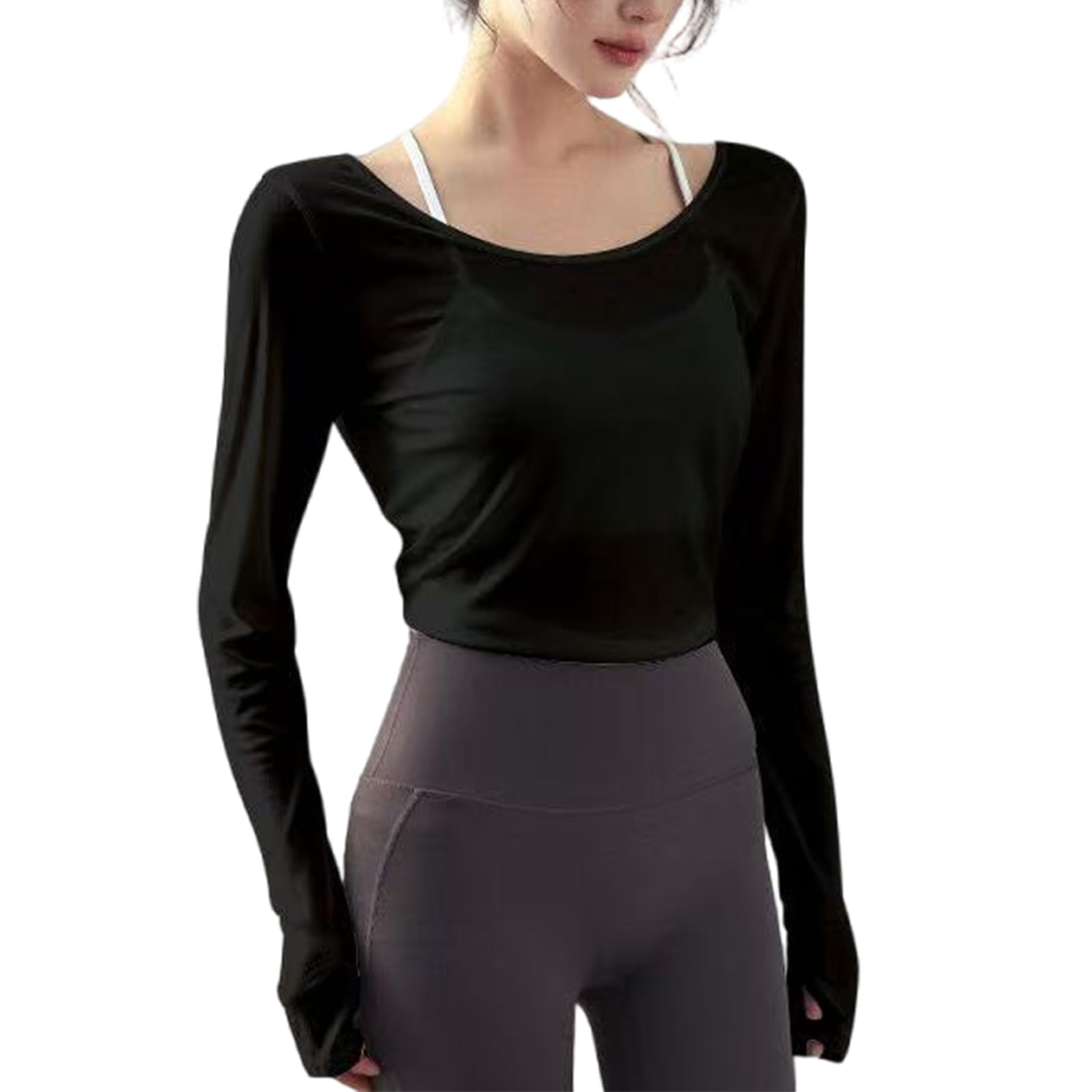 Jdnh Unisex Black 3 Fashionable Sheer Cutout Long Sleeve Workout Top Open Back Tie Back Stretchy Crop Shirt For Women Long Sleeve Sport