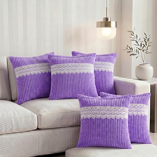 RD TREND® Cushion Cover 18 Inch x 18 Inch | Decorative Lace Trim with Corduroy Double-Sided Striped Sofa Pillow Cover Set of 5 for Living Room & Bedroom Home Décor | Lavender