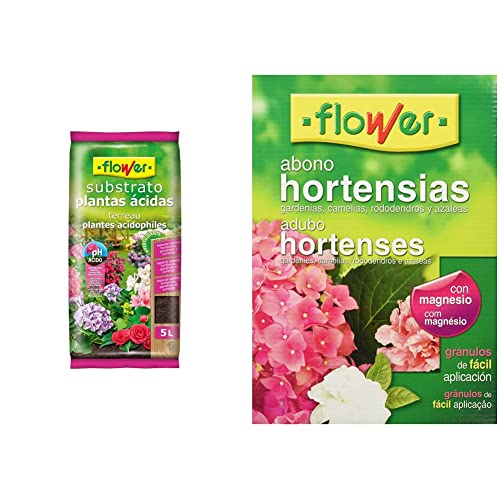 Flower Substrato Plantas Ácidas, 5 l, Color Marrón & Abono Hortensias, 1 kg