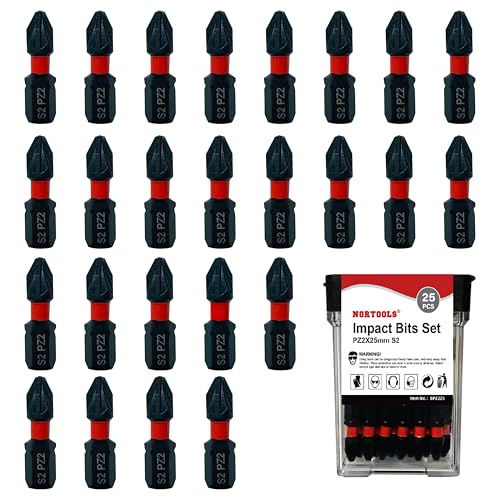 Image of NORTOOLS 25pcs S2 Steel Magnetic Pozidriv Screwdriver Bit Set - 1"(25mm) PZ2 Non-Slip, 1/4" Hex Shank, High Torque Impact Resistant for Drills & Screwdrivers