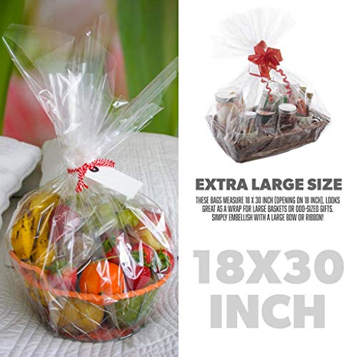 TATTI 50 pcs 18x30 Cello Bags,10 CT 18x30 inches Clear Cellophane Bags Perfect for Gift Baskets, Presents, Weddings, Bridal/Baby Showers and More