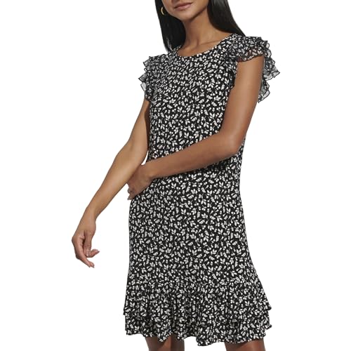 Image of Tommy Hilfiger Women's Sleeveless Crew Neck Double Ruffle Hem Jersey Shift Mini Dress
