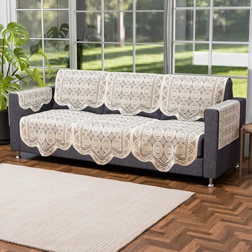 Image of Kuber Industries (Set of 16) Stylish & Durable Cotton Sofa Covers 5 Seater with Arms | Washable Sofa Protector & Slipcover for Living Room & Office | Plain Circle - Off White