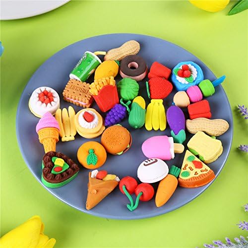LOKIPA 24 Novelty Food Pencil Rubber Erasers Fruit Vegetable Dessert Puzzle Party Erasers for Kid Party Bag Fillers