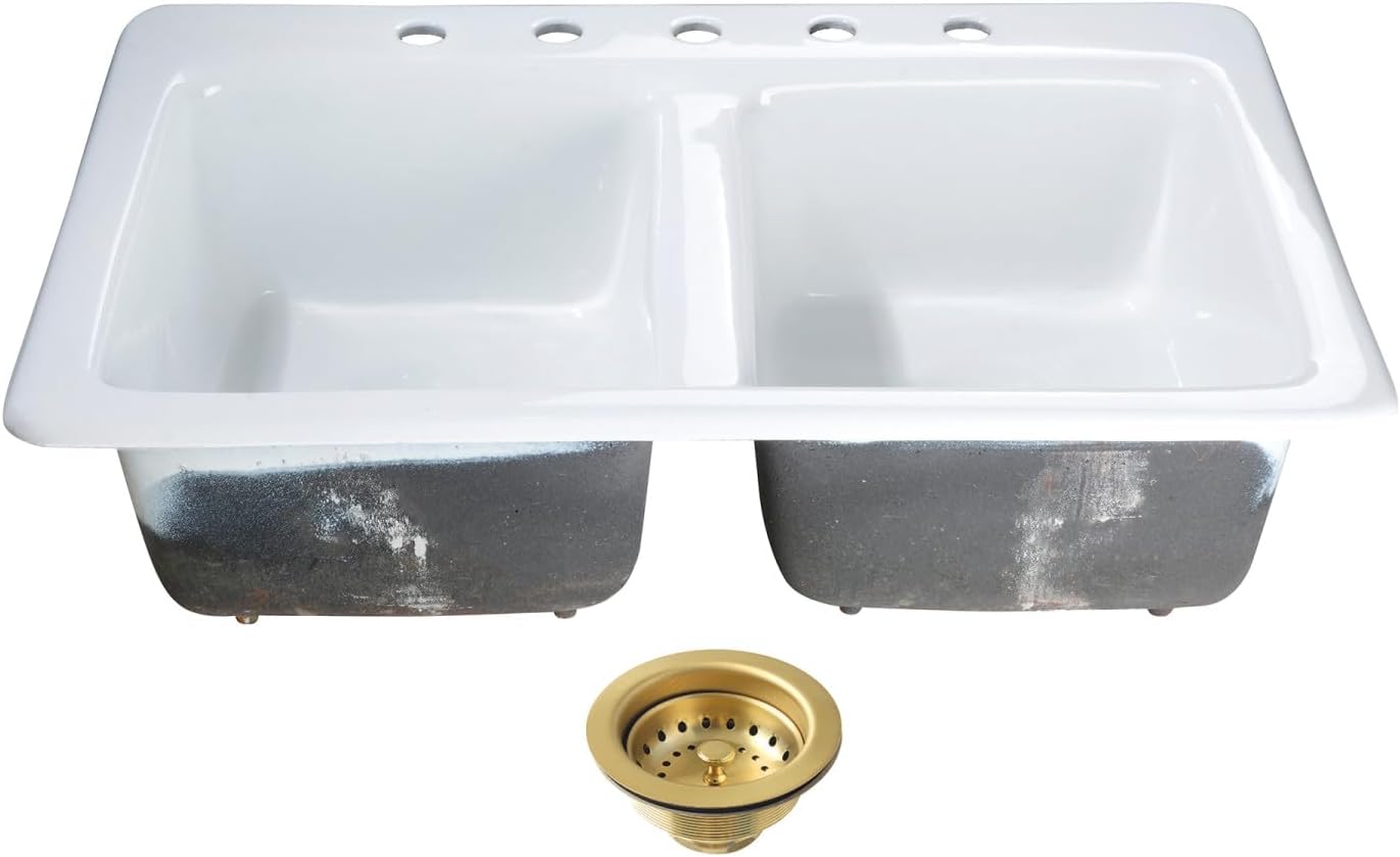 Kingston Brass Petra Galley KGT33229D57 15" Cast Iron Self-Rimming Double Bowl Bar Sink with 5-Hole Drain and Stainer, White/Brushed Brass