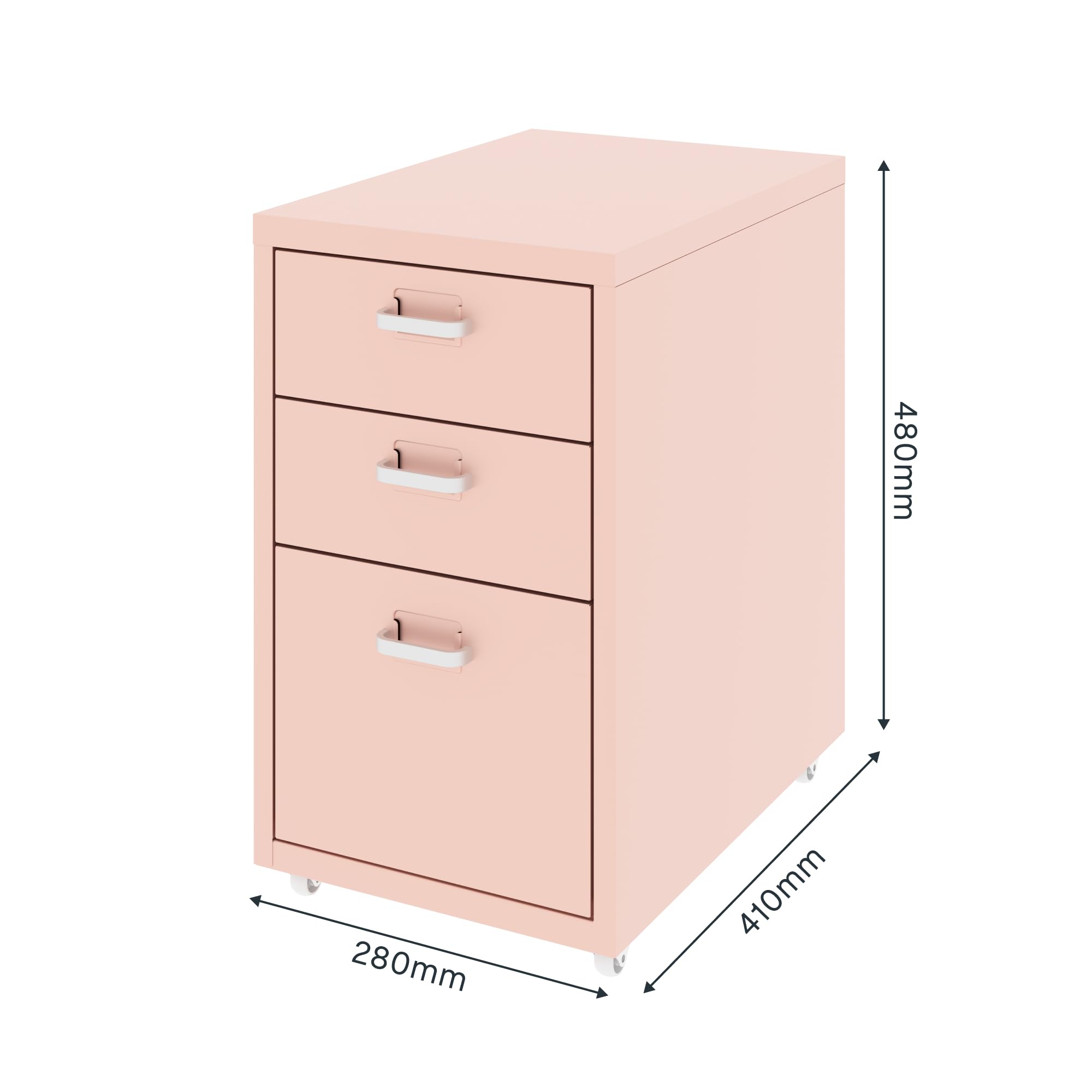 FLEXISPOT Rollcontainer Büroschrank mit 3 Schubladen, Aktenschrank Metallschrank Kommode mit Rädern, Schreibtisch Unterschrank für Zuhause und Büro (Rosa)