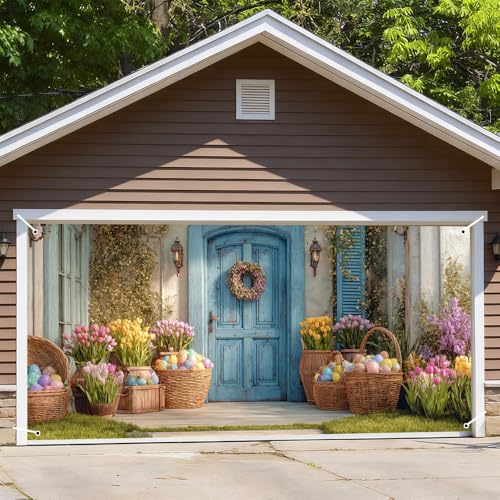 Image of Spring Blue Door Garage Cover 157x70 inch Easter Eggs Basket Tulip Floral Wreath Outdoor Mural Banner Farmhouse Waterproof Home Decor