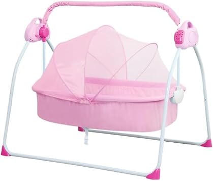 Baby Electric Rocking Bed, Rocking Cradle, Rocking Chair with Smart Music Function, Flat Foldable, Multi-functional, Includes Mosquito Net, Sturdy Standard, Pink