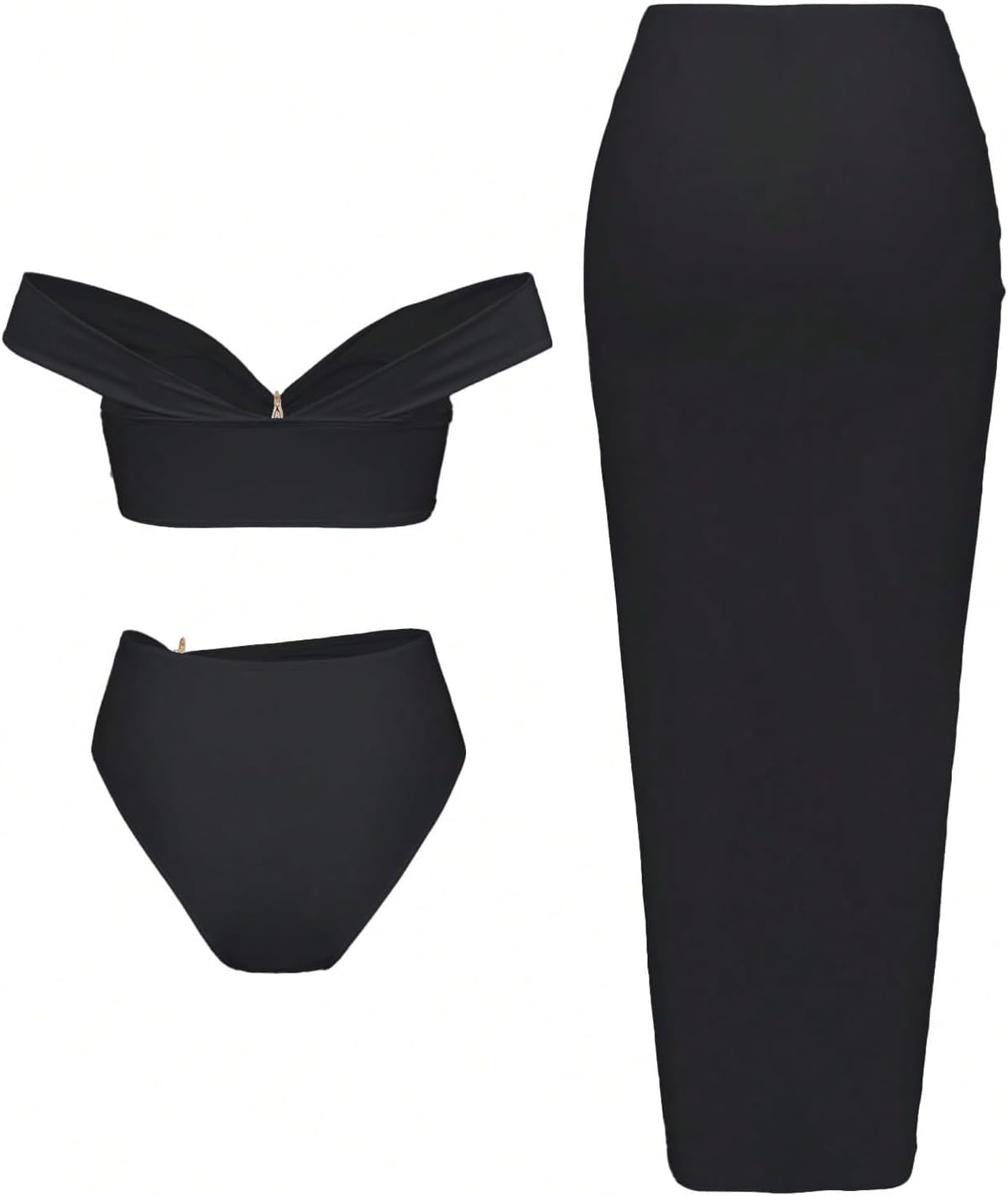 SOLY HUX 3 Piece Swimsuits for Women Sexy Summer Gold Off-Shoulder Bikini Sets Cover Up Skirt Bathing Suit