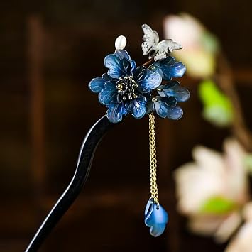 Blue Resin Plum Blossom Hairpin with Wooden Stick & Elegant Tassel - Chinese Hanfu Vintage Hair Accessory for Women, Symbolic Floral Hair Stick Blue Plum Blossom