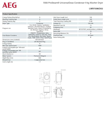 AEG 7000 Series Washer Dryer 9 kg Wash/6kg Dry Load LWR7596O5U, UniversalDose Prosteam Freestanding Washer Dryer using 96% less water, 1600rpm Spin, Energy Class A, White - Image 11