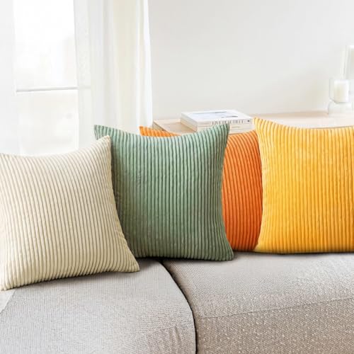 Housse de coussin en velours côtelé lot de 4 taies décoratives beige vert 45x45 cm