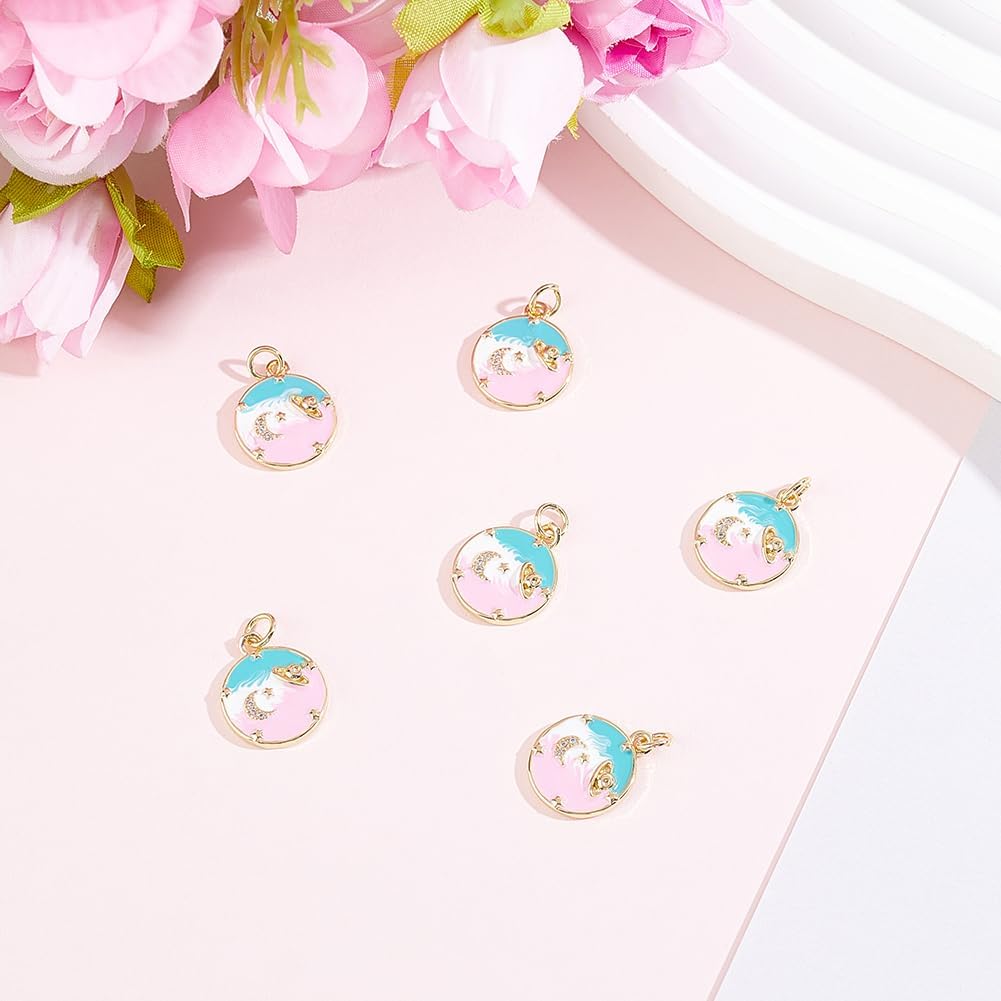 Beebeecraft 1 Box 6Pcs Real 18K Gold Plated Moon Star Charms Cubic Zirconia Enamel Celestial Charms Planet Flat Round Pendants for Jewelry Making Supplies Earring Necklace Bracelets DIY Crafts