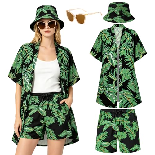 Hawaii Outfit Damen Sommer Outfits Damen Beach Party Outfit Short High Waist mit Taschen Hawaii Outfit Kurzarm Shirt Shorts Hüte Sonnenbrillen Für Hawaiihemd Sommer Tropisch Strand (Grün XL)