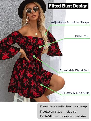 Image of Off Shoulder Ruffle Dress for Women, A-Line Mini Dress with Belt, Fitted Bust Summer Wedding Guest Dress