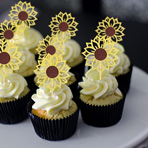 24 Pcs Sunflower Cupcake Toppers Glitter Flower Theme Cupcake Picks For Baby Shower Kids Boys Girls Birthday Party Cake Decorations Supplies #TOP4