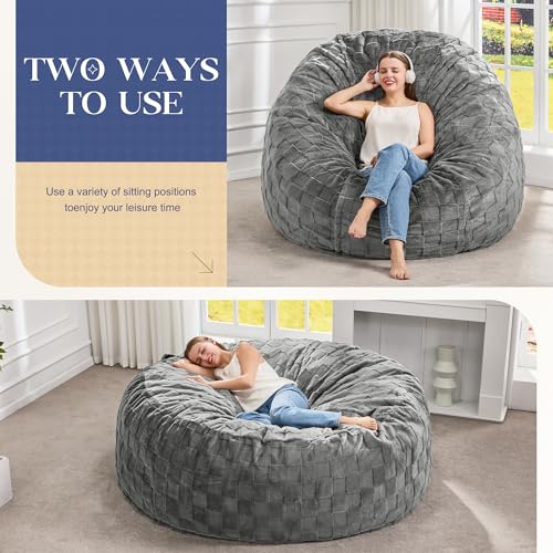 Image of Hobestluk Giant Bean Bag Chairs 6FT Oversized BeanBag Chair for Adult Jumbo | Memory Foam,Washable Cover,Unique Fluffy Plaid,Comfy Bean Bag Bed with Filler Gaming Reading Bedroom Living Room | Grey 6FT