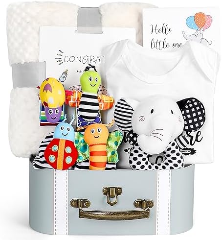 iAOVUEBY Baby Gift Set, Baby Shower Gifts, Black and White High Contrast Baby Toys 0-6 Months for Newborn Essentials Infant Rattle Socks Elephant Toys Blanket Onesies Baby Gift Basket for Girls Boys