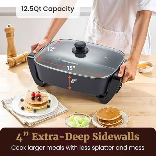 Image of Elite Gourmet 15 inch x 12 inch x 4 inch Electric Skillet, Xtra Deep Dish, Ceralast PFAS Free Ceramic, 1500W Rapid Heat, Tempered Glass Vented Lid, Dishwasher Safe, 12.5 Qt., Black /Gray