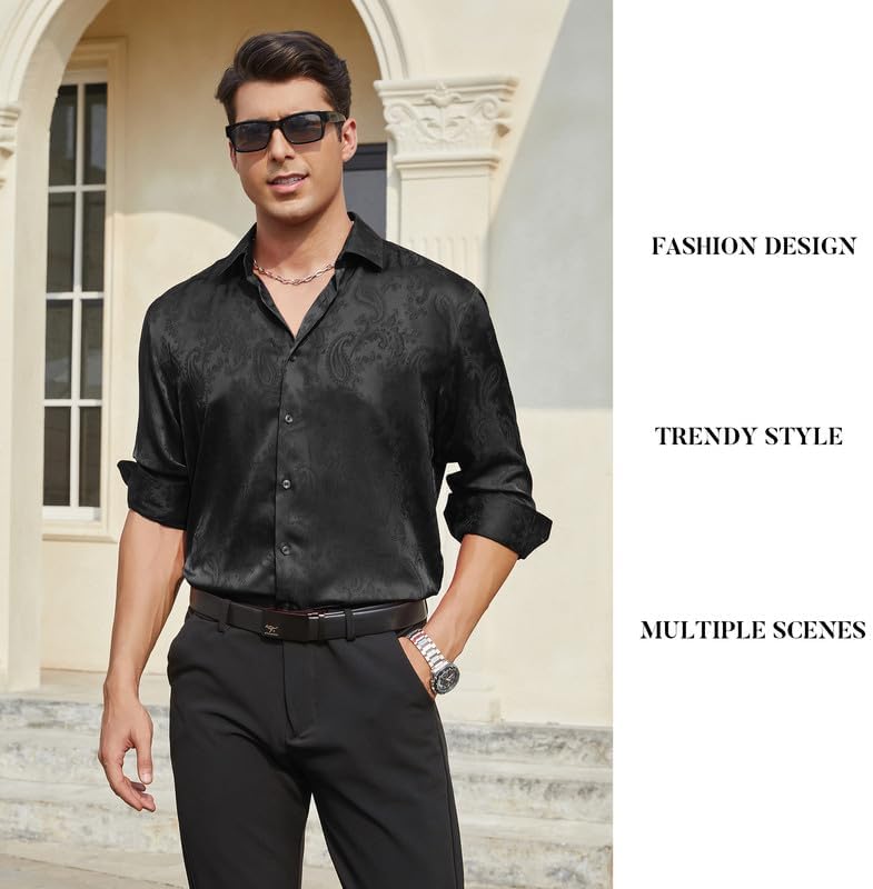 Damipow Satin Silk Mens Dress Shirts Long Sleeve Button Up Shirt Wedding Party Prom Shirt - Image 5