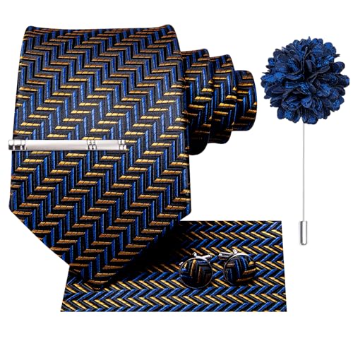 Image of Hi-Tie Formal Dark Blue Gold Ties for Men Classic Woven Neckties and Pocket Square Lapel Pin Silver Tie Clip Cufflinks Set Wedding Business 6PCS