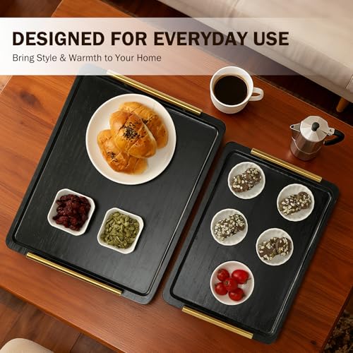 PEKER Wooden Serving Tray with Metal Handles, Black Decorative Coffee Table Tray for Breakfast in Bed, Ottoman & Home Décor, Wooden Food Tray for Kitchen, Living Room & Dining Table