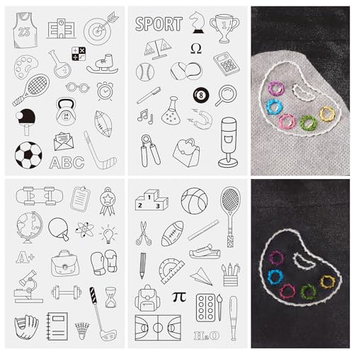 Image of 68 Patterns Study Sport Water Soluble Embroidery Stabilizers Tennis Rugby Stick and Stitch Embroidery Patterns Wash Away Embroidery Paper Starter Kit for Hand Sewing Beginners Adult