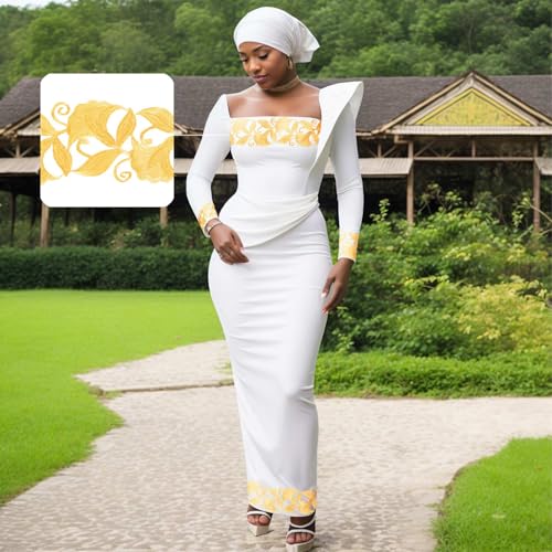 Image of African Dresses for Women High Waist Embroidery Elegant Traditional Midi Dress with Headscarf