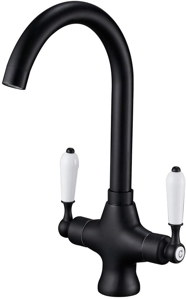 Heable Matte Black Kitchen Mixer Tap White Ceramic Dual Lever Monobloc