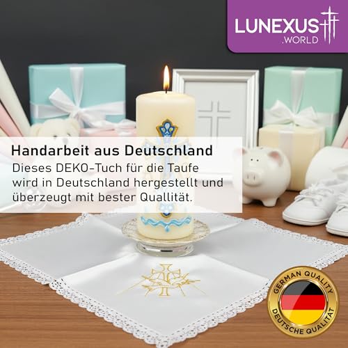 Lunexus Tauftuch Kerzentuch 35×35 cm – weißes Dekotuch mit Goldener Stickerei Kreuz und Taube sowie Spitzenrand – Dekotuch für Taufe, Taufkerze, Taufstein, Kommunion, Firmung und christliche Feier