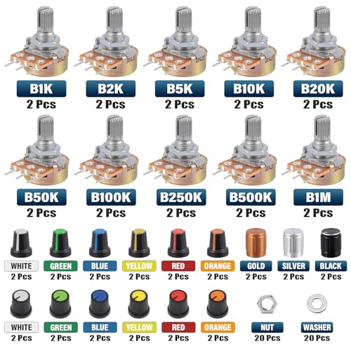 ALLECIN WH148 Potentiometer Kit 1K 2K 5K 10K 20K 50K 100K 250K 500K 1MK Ohm 15mm Shaft Single-Joint Linear Potentiometers 3Pins Set Variable Resistors with Plum Knob Cap and Aluminum Alloy Knobs