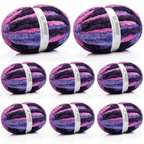 Image of Inhand Chunky Chenille Yarn for Hand Knitting, Thick Bulky Blanket Yarn for Crocheting, Soft Fluffy Yarn for Crochet Gifts & Crafts for Women /Beginners, 8 Pack (29.5 yds /8.4 oz Each), Purple-Mix