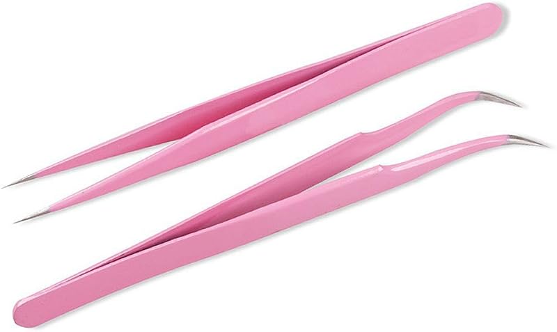 Pinças AKOAK de aço inoxidável para cílios, pontas reta e curva, rosa, conjunto com 2