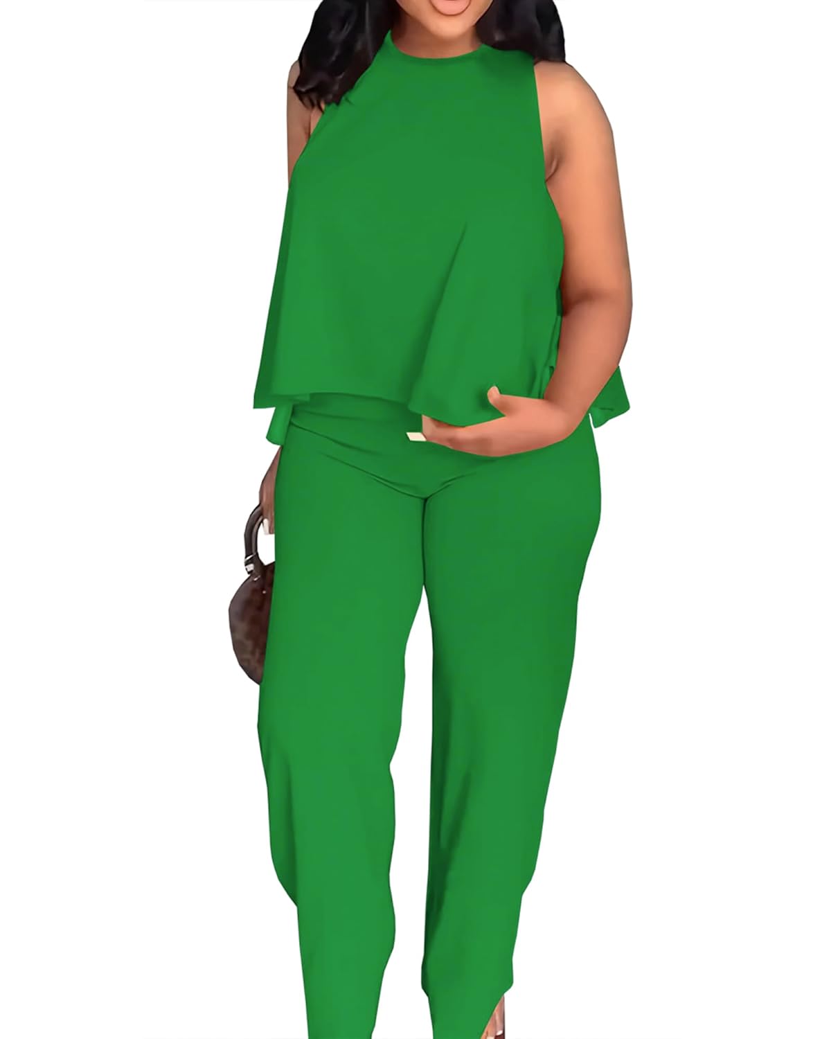 BXBY Two Piece Sets for Women Summer Pleated Ruffle Hem Sleeveless Top Wide Leg Pant Outfits Casual Vacation