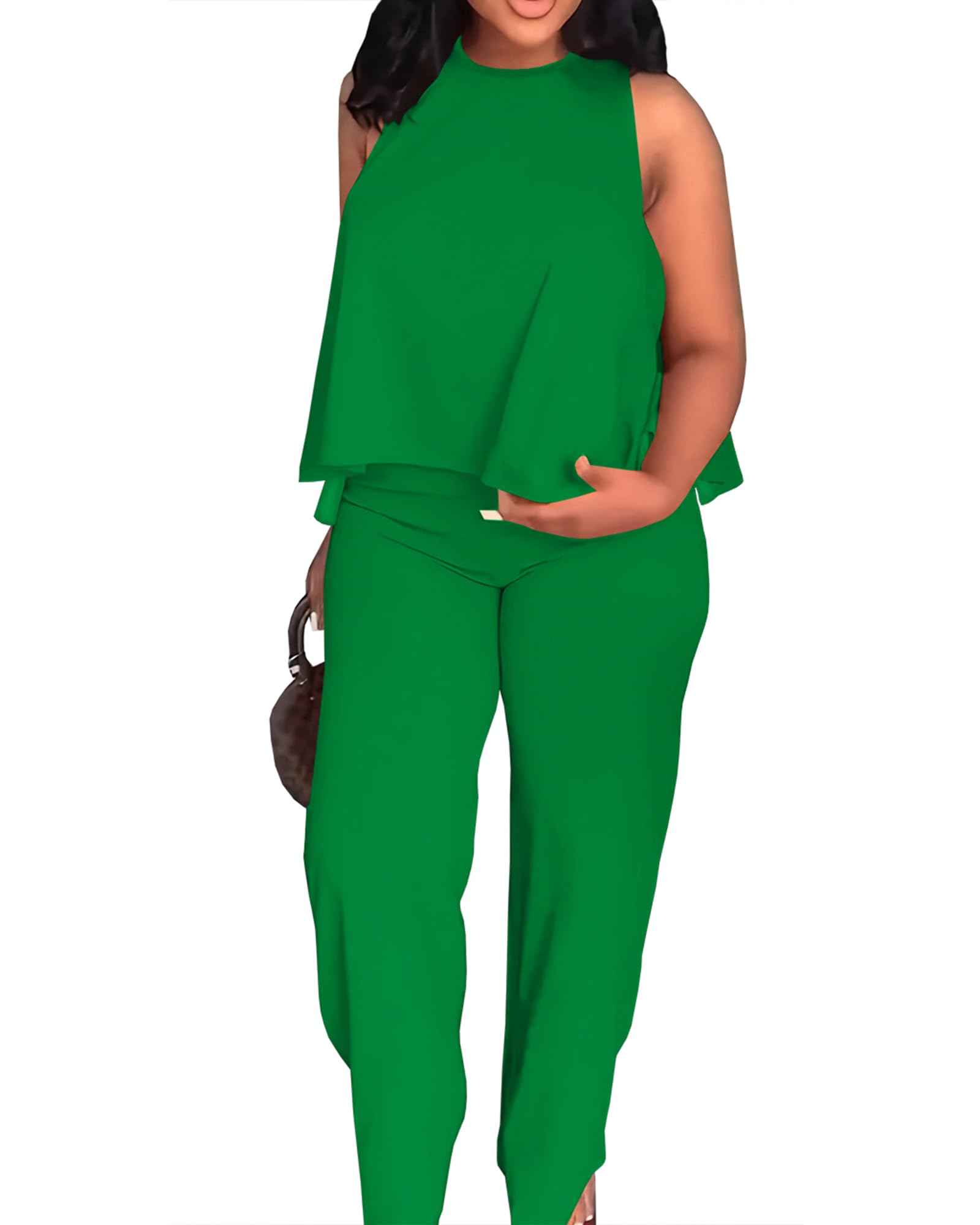 BXBY Two Piece Sets for Women Summer Pleated Ruffle Hem Sleeveless Top Wide Leg Pant Outfits Casual Vacation