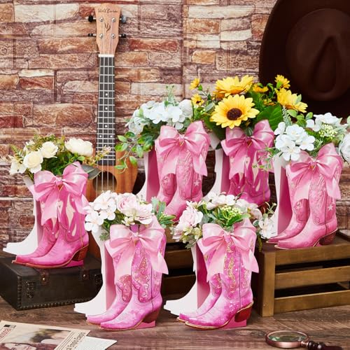Image of 12 Set Pink Western Cowgirl Bow Boots Flower Boxes Centerpiece Boot Shape Gift Boxes Western Party Decoration Vase Centerpiece for Table Boots for Rodeo Birthday Baby Shower Wedding Supplies