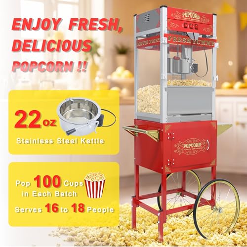 Image of Commercial Popcorn Machine with Cart & Wheels 丨 Popcorn Maker with 22OZ Stainless Steel Kettle丨 Pop corn Machine Maker for Home, Theater, Parties, Red