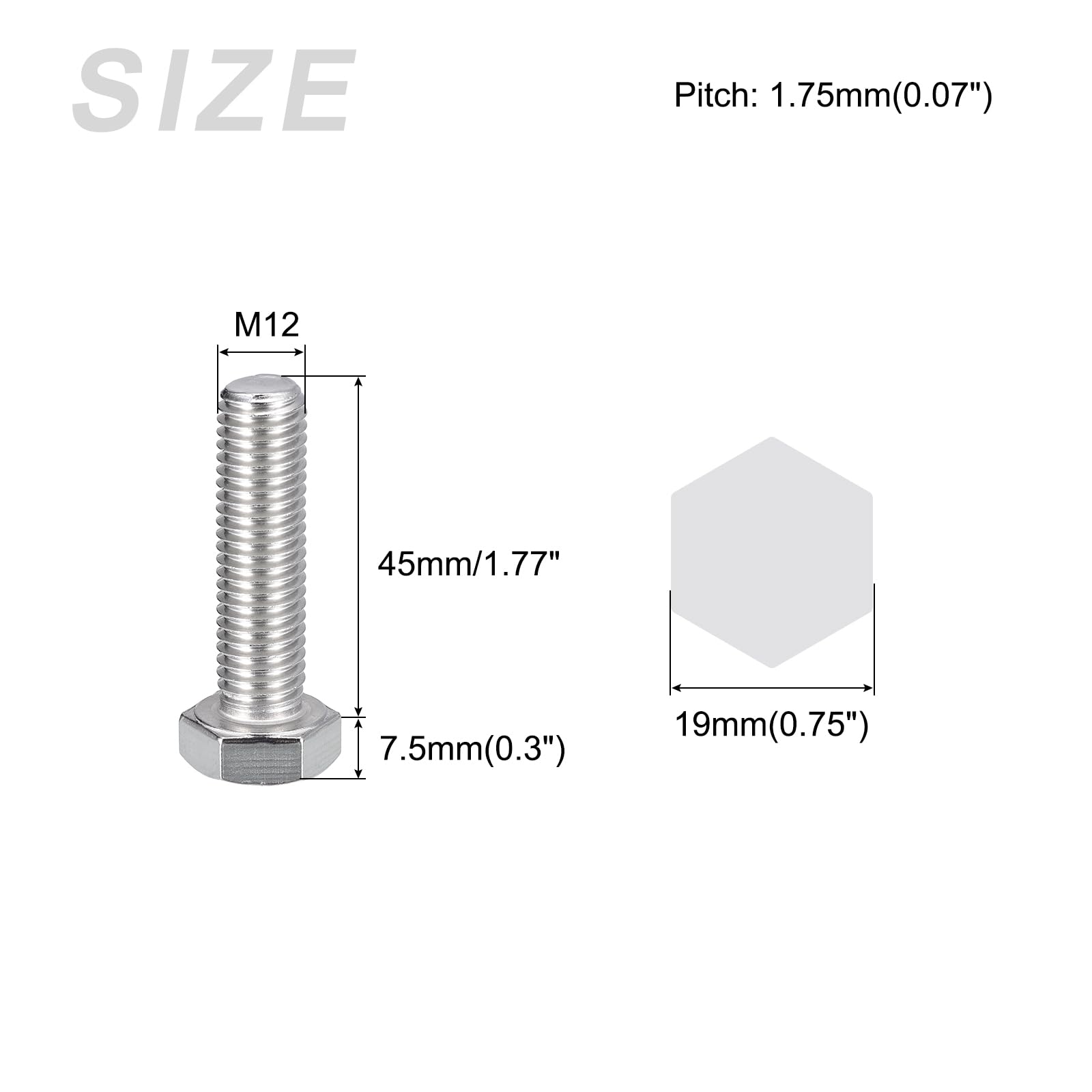 METALLIXITY Hex Bolts (M12-1.75x45mm) 4Pcs, 304 Stainless Steel Coarse Fully Threaded Hex Head Screw Bolt Machine Screws - Image 2