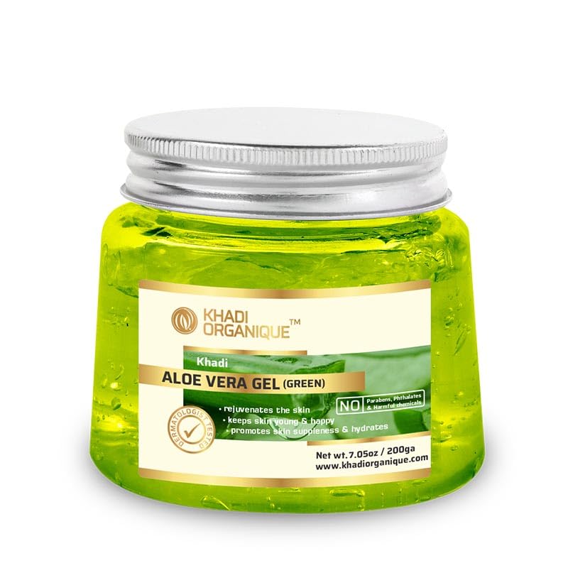 Image of Khadi Organique Pure Natural Aloe Vera Green Gel for Skin, Body & Hair | Hydrating, Nourishing, Moisturizing & Soothing | No Parabens or Mineral Oil | Multipurpose Herbal Gel - 200 gm (Pack of 4)
