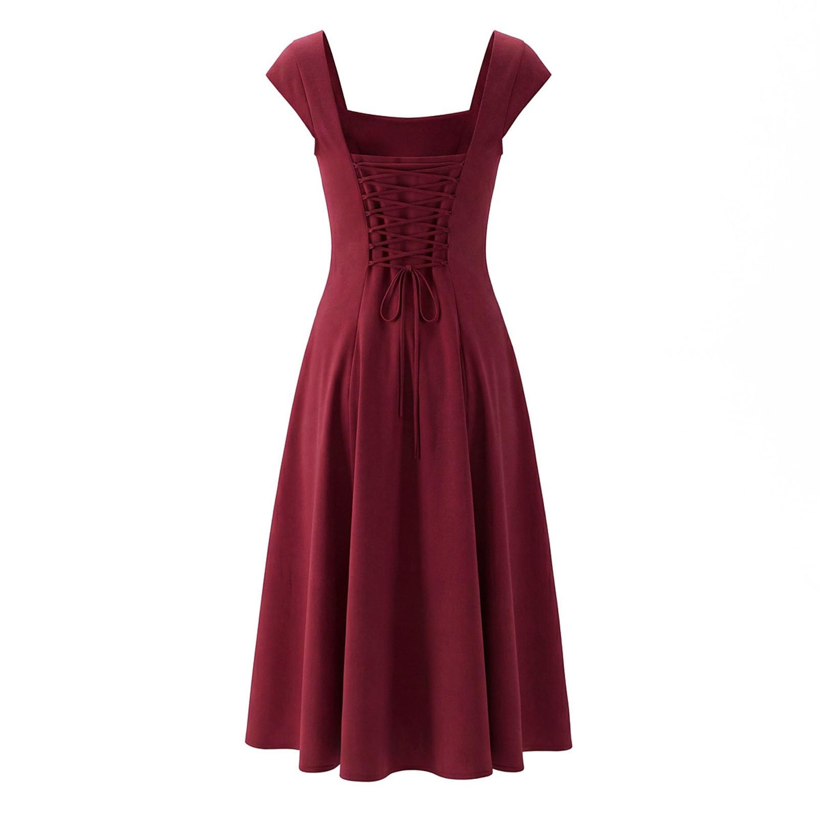 Abito estivo da donna lungo sciancrato, elegante, lunghezza al ginocchio, abito estivo lungo, scollo quadrato, vita alta, maniche a sbuffo, lunghezza al ginocchio, leggero e arioso