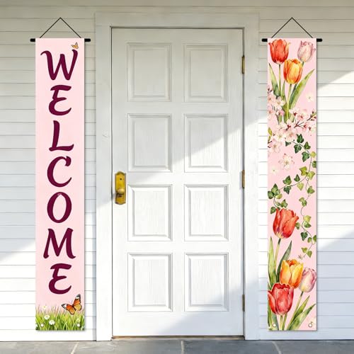 Image of Nuxovilar Spring Tulip Butterfly Banners Set 12x70 Inches Polyester | Spring Porch Sign, Hanging Decor Floral Welcome Banner, Tulip Butterfly Accent Patio, Yard, Outdoor (Floral Spring)